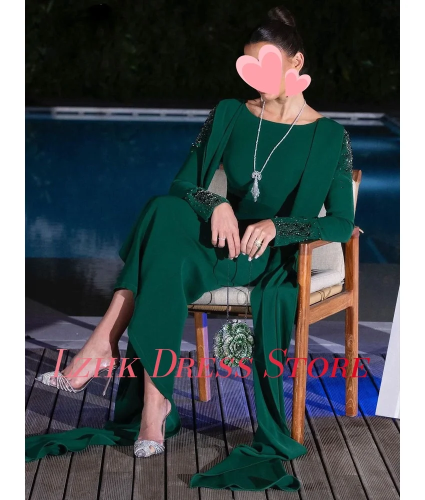 맞춤형 공식 저지 스트레이트 크리스탈 진주 이브닝 드레스 고품질 긴 소매 오-넥 바닥 길이 연예인 가운