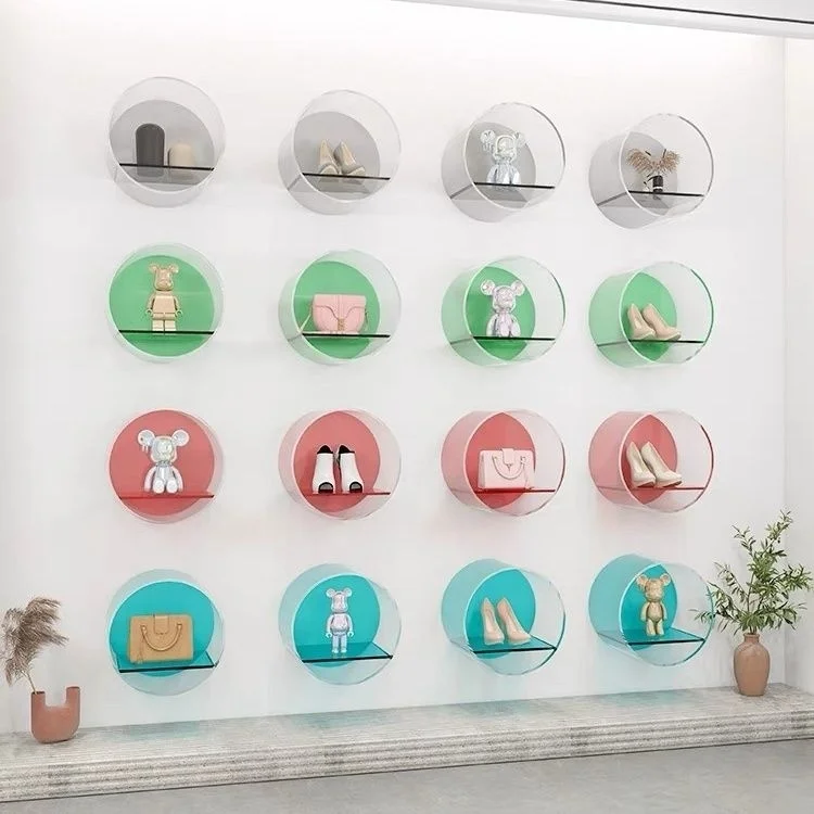 Color Acrylic display Cabinet Oval Wall Shelving Clothing Store Shoe Bag Display Case Figures Ornaments Shoe Wall Display Rack