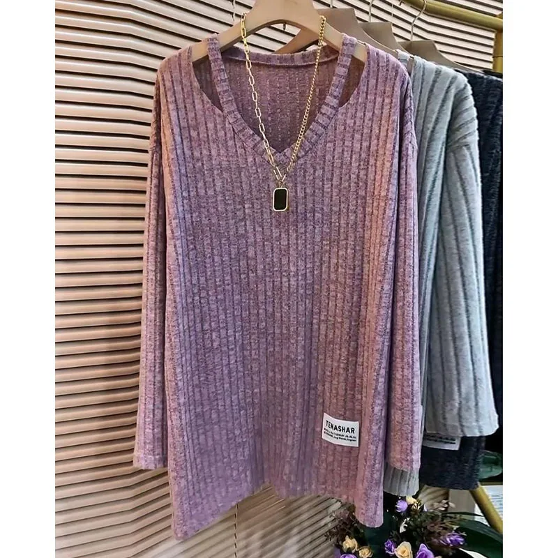 Fashion Lady V-Neck Chic Hollow Out Sweaters Autumn Winter Loose Simplicity Long Sleeve Solid Color Knitted Tops for Female