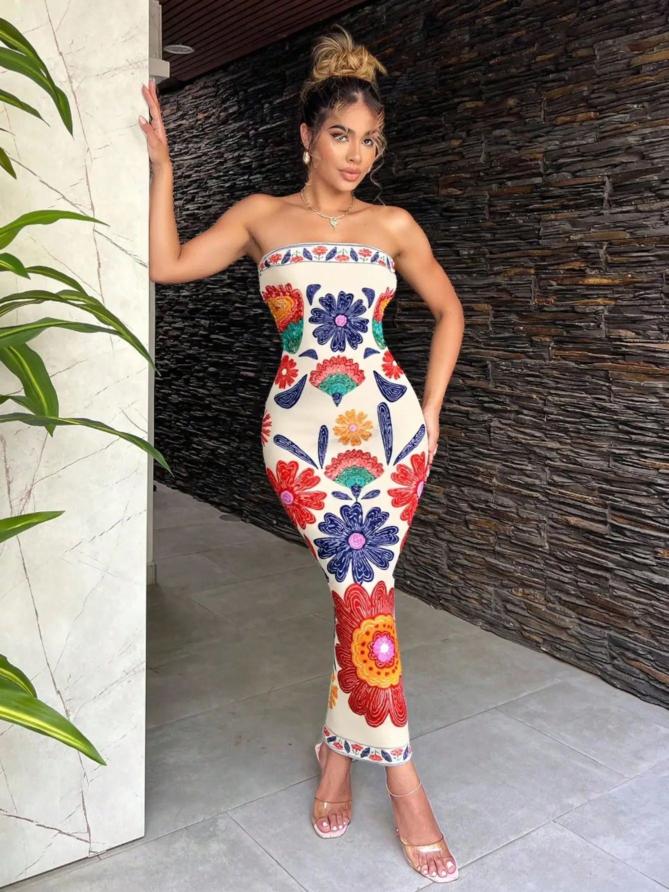 

Bohemian Floral Print Strapless Maxi Dress For Women Summer Beach Casual Dress