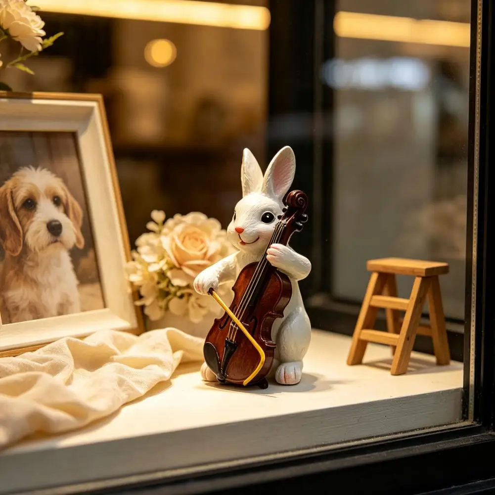 Resin Statue Birthday Housewarming Present Cute Rabbit Playing Violin Figurine Hand Painted Synthetic Resin Sculpture for Garden