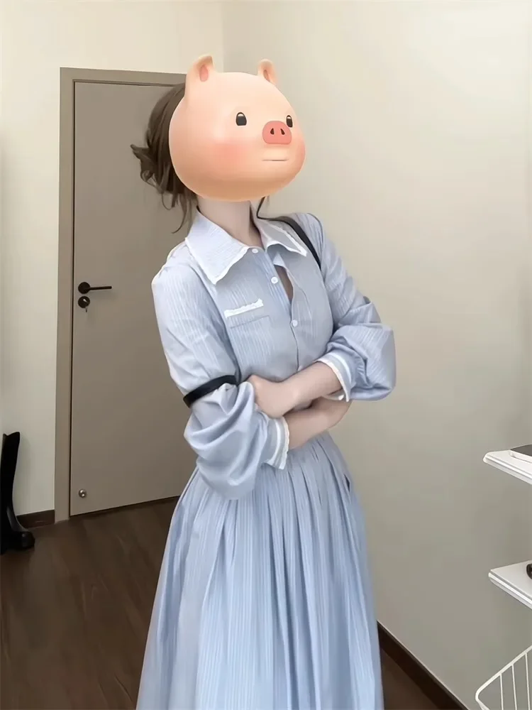 أنيقة الحلو Preppy النساء قمصان طويلة فساتين خمر الأزرق مخطط بولو طوق زر حتى فساتين مطوي الكورية أزياء الربيع