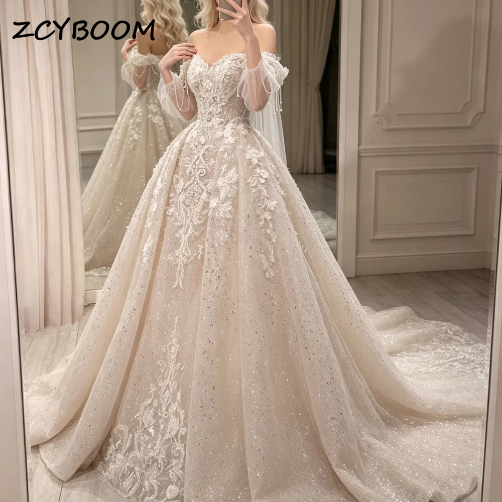 Customized Off the Shoulder Sweetheart A-line Bridal Gown Appliques Sequined Beading 2026 Wedding Dress Ivory Vestido De Noiva