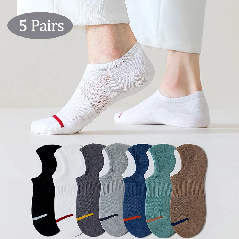 

5 Pairs Summer Men's No-Show Boat Socks 100% Cotton Low-Cut Sports Socks with Silicone Grip Invisible Socks for Comfort