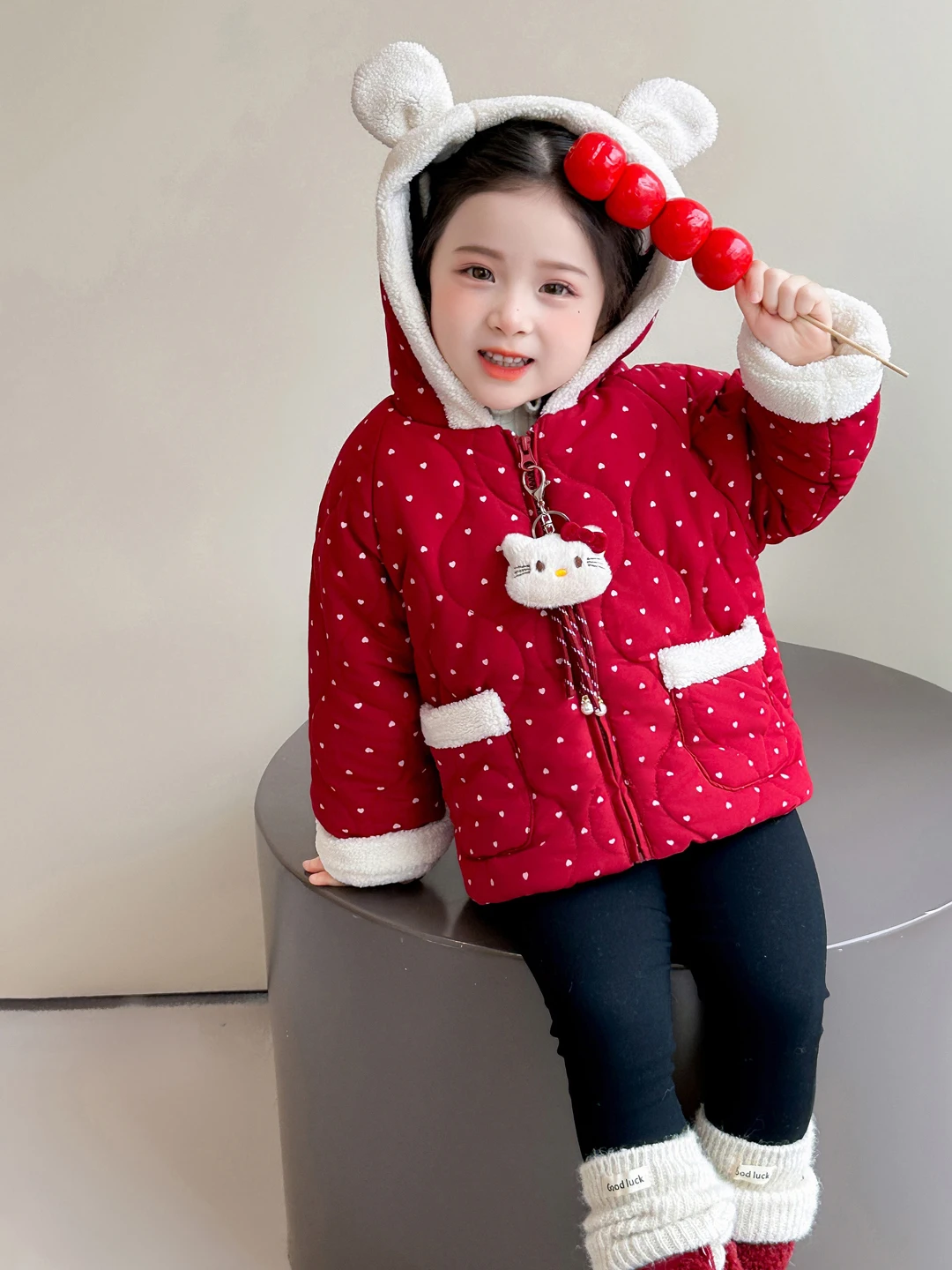 

Thiened двухслойное хлопковое пальто для девочек, зимнее теплое пальто с капюшоном в клетку и принтом Sweet Sle Long Sve на молнии Clo...