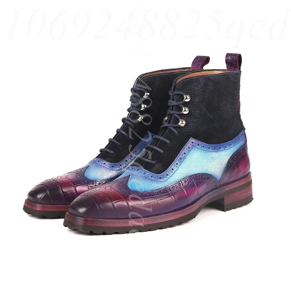 Men's Crocodile-Embossed Gradient Blue Purple Brogue Ankle Boots, Lace-Up Wingtip Boots Multi-Texture Hand-Rubbed Finish Shoes