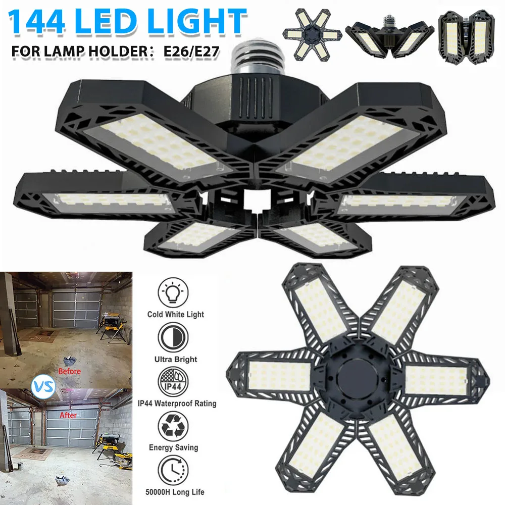 LED Garage Light E27/E26 Djustable 6 Panel Led Lamp Deformable LED Garage Ceiling Light AFor Garage Workshop Industrial Lighting
