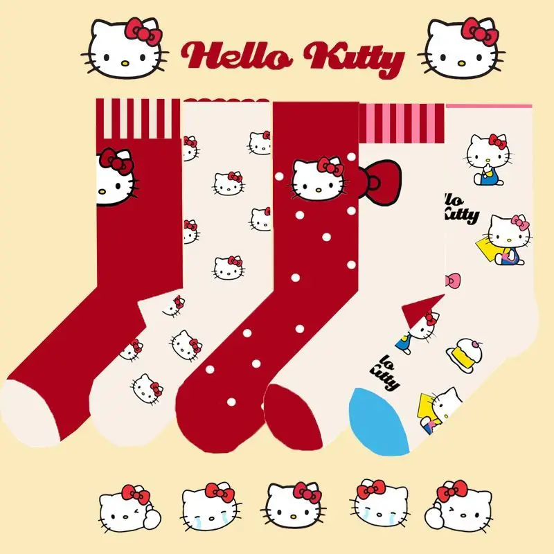 6 Pairs Sanrio Hello Kitty Women Socks Cotton Medium tube Happy Sock Girl New Year Sweet Comfortable  Anime Kt Cat Socks Gift