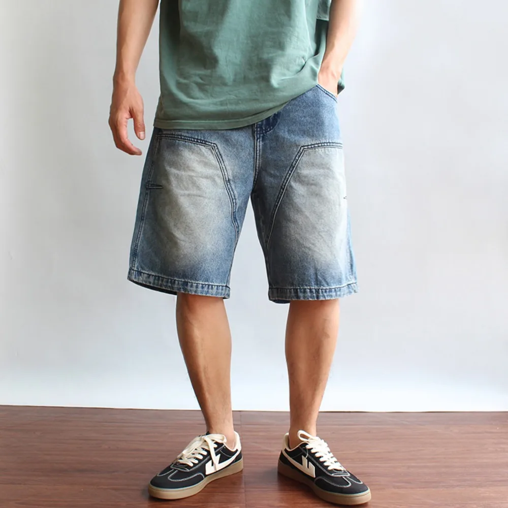Heavy splicing and washing denim five-point pants for men's Japanese trendy grinding and old classic blue summer trendy shorts