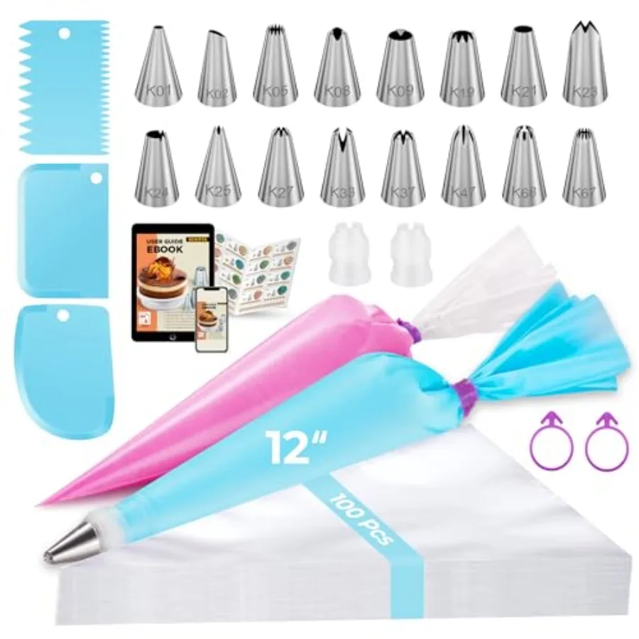 124Pcs Icing Piping Bags and Tips Set, Cake Decorating Kit with 100 Anti Burst Piping Bags 12 Inch, 16 Icing Tips, Reusable Pas