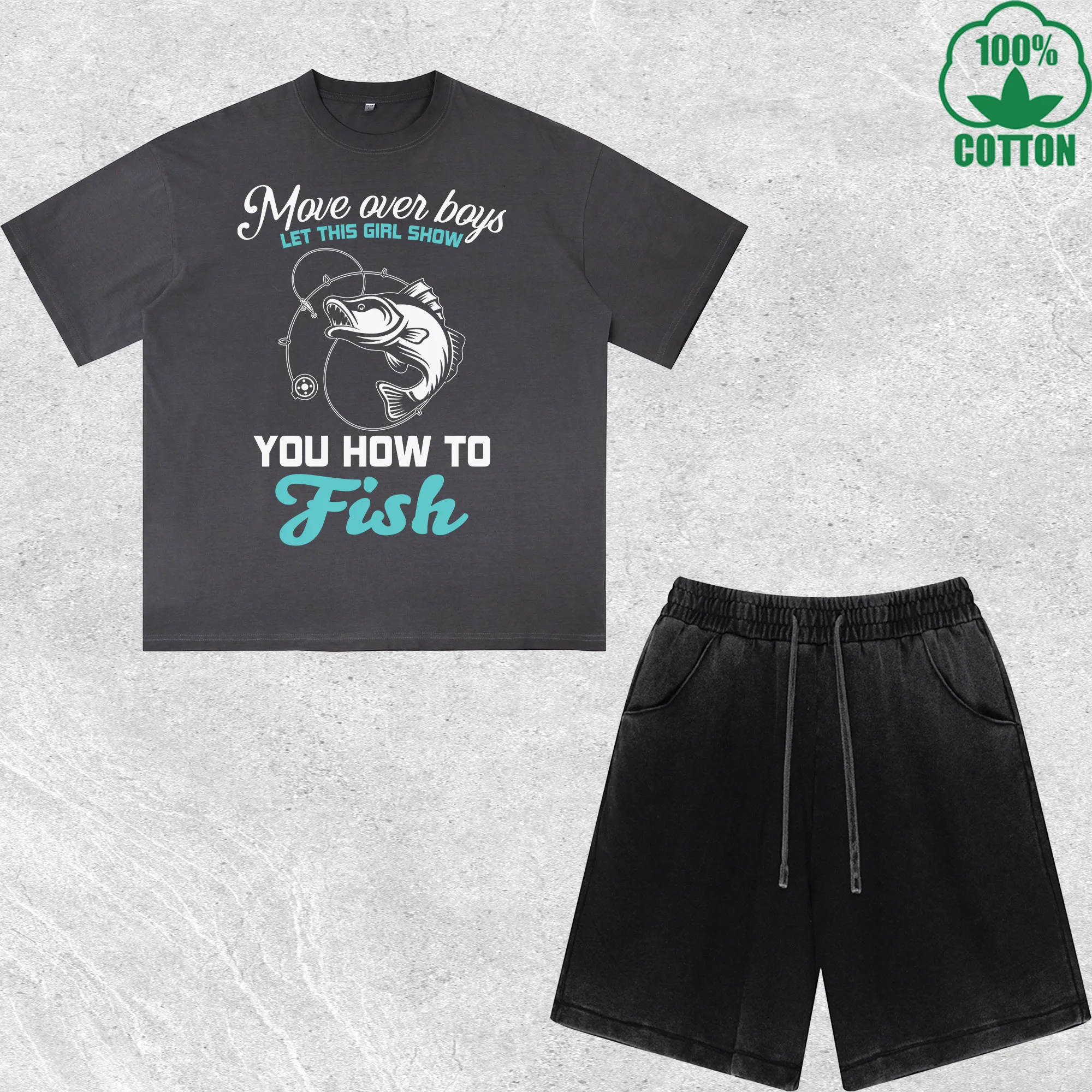 

You How to Fish Printed Dirty Wash T-Shirt Shorts Set Multicolor Combo Loose Trendy Fashionable 100%Cotton
