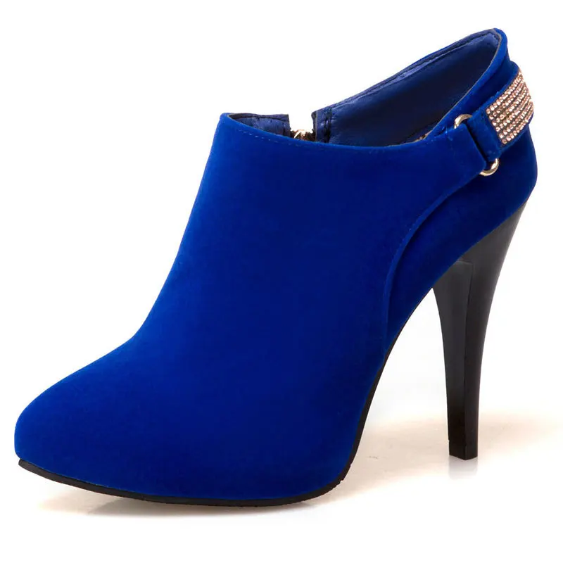 

Woman Ankle Boots Pointed Toe Thin Heels Flock Suede Leather Zipper Rhinestone Big Size 31-50 Weeding Blue Black S2686