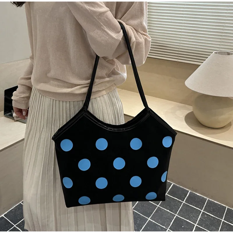Koreanische Schultertasche mit Polka-Dot-Muster, Vintage-Kunsthandwerkliche Canvas-Tragetasche für Damen, lässige Alltagstasche mit Henkel. – Detail 19