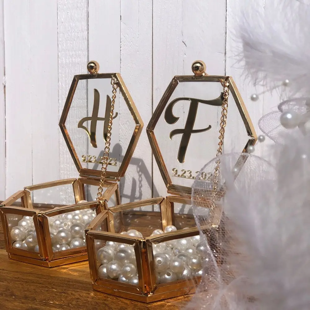 شخصية سداسية الزجاج خاتم صندوق رومانسية العروس والعريس خاتم الذهب حالة حفل زفاف المشاركة ديكور DIY زهرة موس