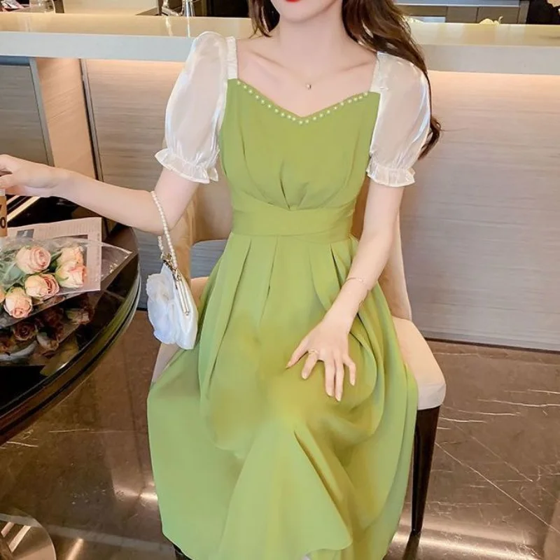 Green Chiffon Mesh Dress for Women Vintage Casual Woman Korean Fashion Midi Dresses Clothes Party Summer 2024 Aesthetic Sexy Eam