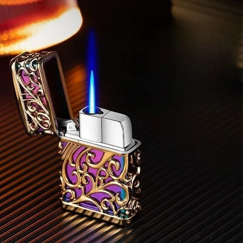 Hot Selling Metal Blue Flame Turbo Torch Inflatable Butane Gas Lighter Outdoor Windproof Lighter 3D Floral Pattern Cigarette Set