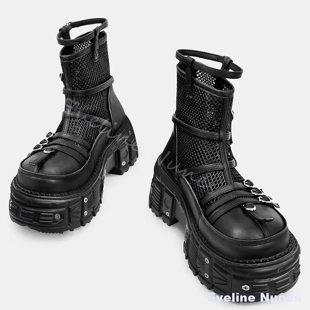 

Summer Hollow Platform Punk Boots Women Round Toe Belt Buckle Breathable Motorcycle Boots 2026 Hotties Fashion Design Ankle Boot