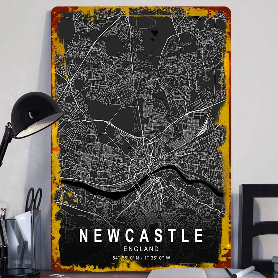 Newcastle England City Map Metal Wall Art Modern Home Decor Minimalist Black White Urban Poster