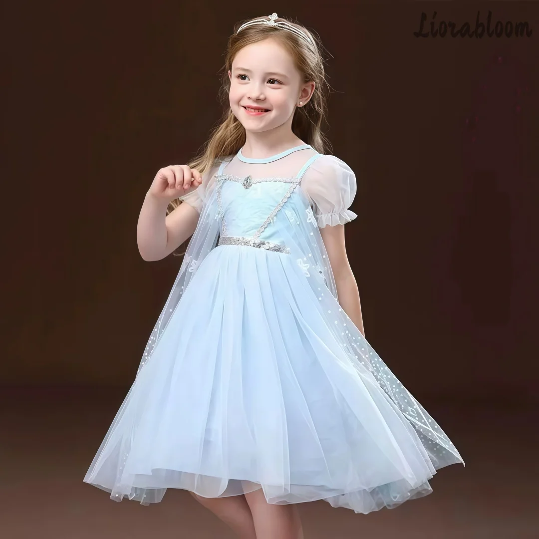 

Blue Everyday Princess Dress Girls' Blue Tulle Gown Radiant Elegant Evening Dress Featuring Printed Bodice Wide Flared Skirt