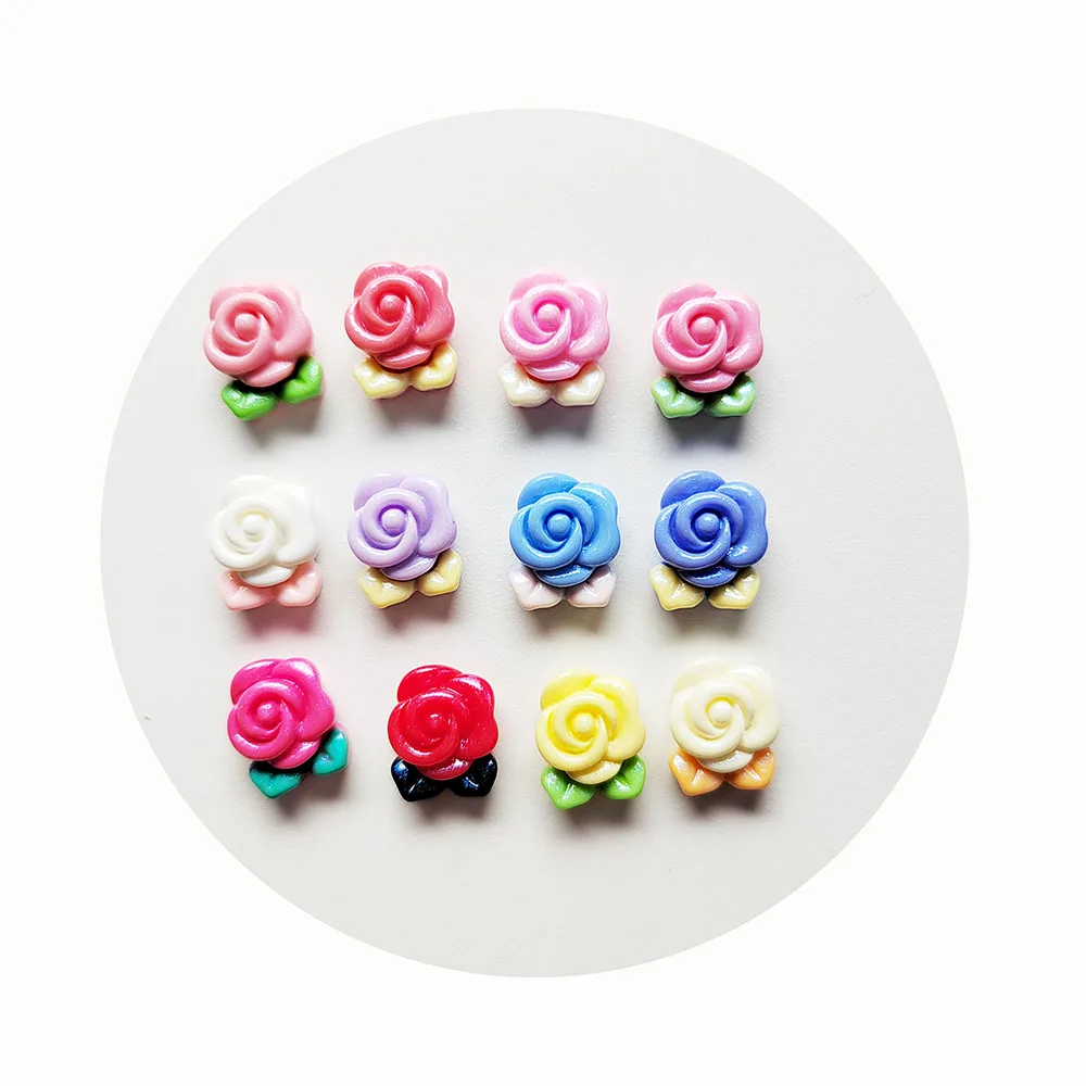 Mini Colorful Resin Rose Charms FlatBack Flower Cabochon Ornament Jewelry Making Hairwear Nail Art Accessories 12*15mm