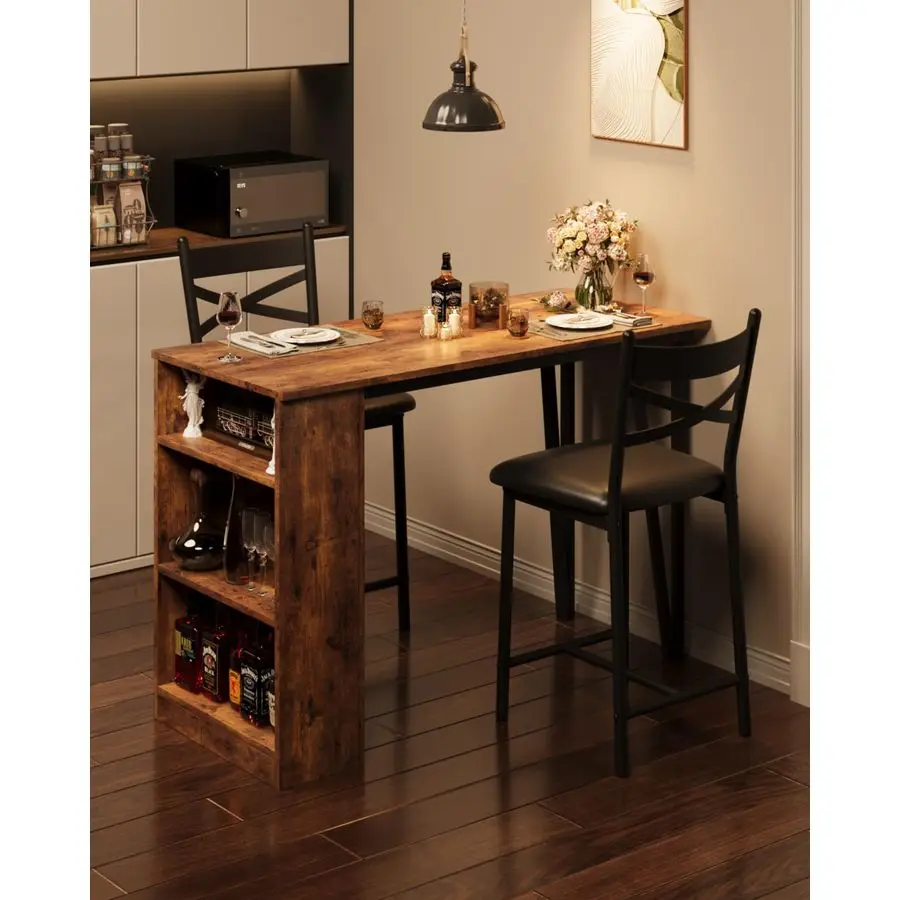 

3 Piece Dining Table Set, 36in Wooden Counter Height Dining Table for 2, Kitchen Bar Table Set with Storage Shelves, Metal Frame