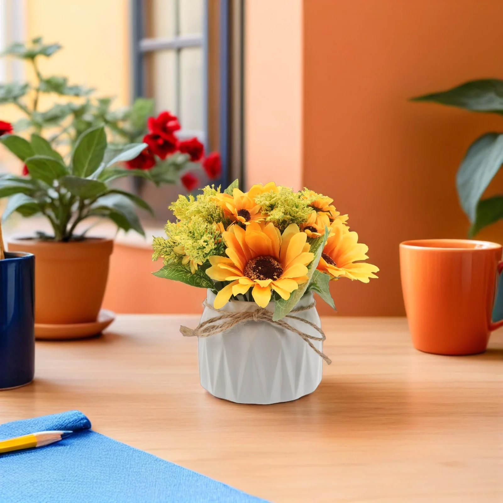 

Artificial Sunflower Potted Plants Nordic Style Ceramic Vase with Jute Rope Realistic Fake Flower Arrangements for Home Office