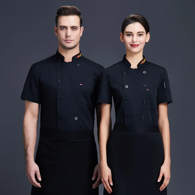 Chemise d'uniforme de chef d'été pour hommes et femmes, veste de cuisine de restaurant de service alimentaire, manteau de cuisinier à manches courtes pour cantine d'hôtel, vêtements de travail