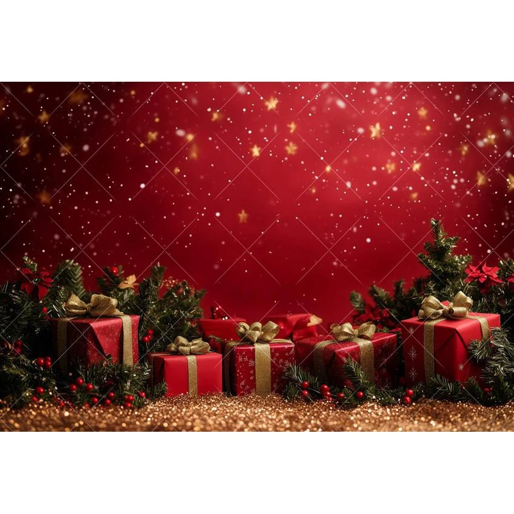 Christmas Decoration Backdrop Red Wall Xmas Tree Glitter Gold Gift Winter Snowflake Family Portrait Backgrounds For Photographs