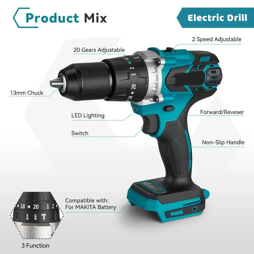 Brushless 3-IN-1 Cordless Impact Drill 480 N.M 20+3 Torque Electric Screwdriver Rotary Tool Compatible Makita 18V Battery