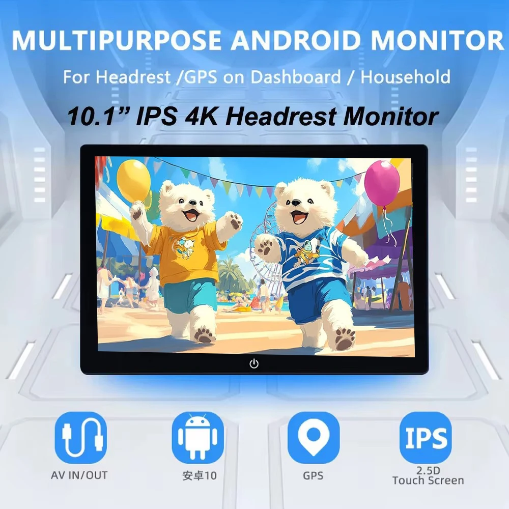 10.1 inch Car Headrest Monitor Andriod 12 Tablet PC 4K GPS WIFI/BT/USB/HDMI/Airplay Movie Video Player 2G+32GB ROM Andriod App