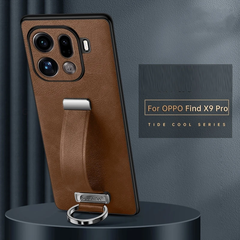 

Luxury Leather Wristband Stand Phone Case For OPPO Find X9 Pro X8s Plus X7 Ultra X6 X9 Pro Metal Ring Holster Shockproof Cover