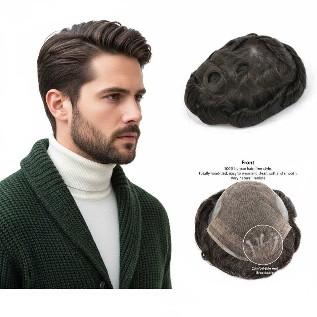 

Men Toupee Q6 100% Human Hair Mono Base Lace+PU Minor Imperfections Clearance Sale Men Wig Replacement For Receding Hairline