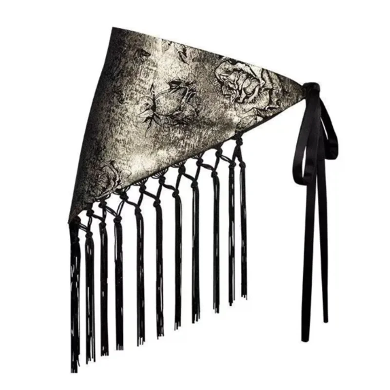 ผ้าพันคอสามเหลี่ยมสำหรับผู้หญิง สายคาดเอวสไตล์ชาติพันธุ์ ลายพิมพ์ตกแต่ง ผ้าฝ้าย เครื่องประดับคาดเอว พู่ห้อยประดับ