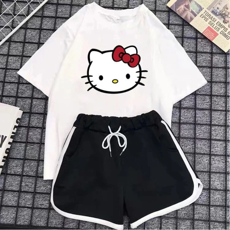 

Sanrio Women's Pajamas Summer New Hello Kitty Top Short Sleeved T-shirt Loose Slimming Casual Home Wear Two-piece Set