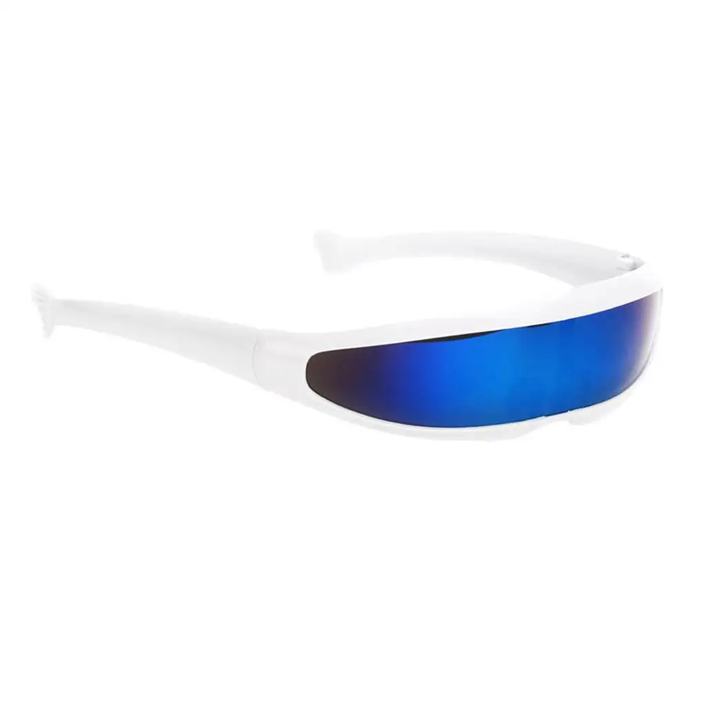 Gespiegelte Single Lens Visier Sonnenbrille Cosplay Brille, weißer Rahmen blau gespiegelt, wie beschrieben