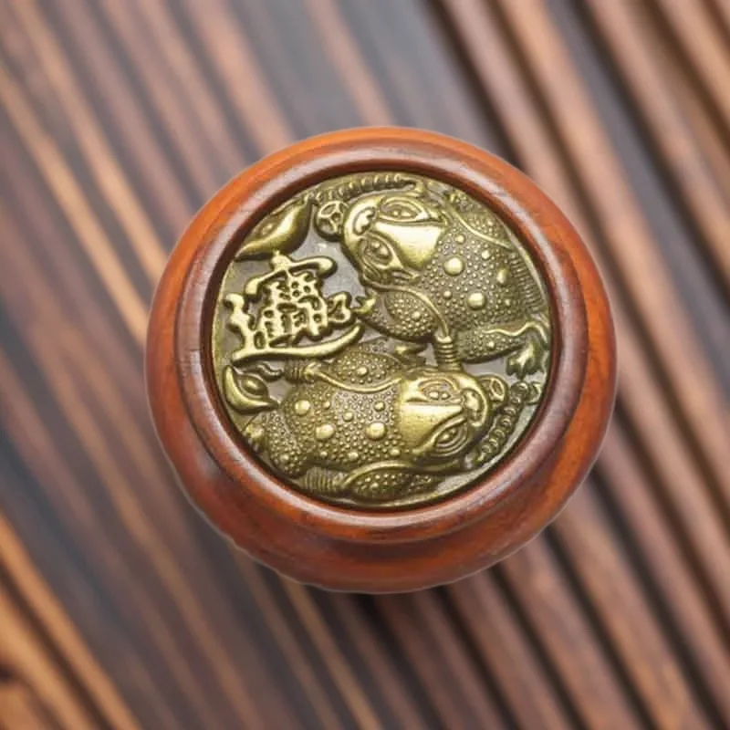 Sandalwood Hand Spinner Brass Money Toad Treasure Basin Rotatable Desktop Ornament Wooden Craft Collectible Play Decor Gift