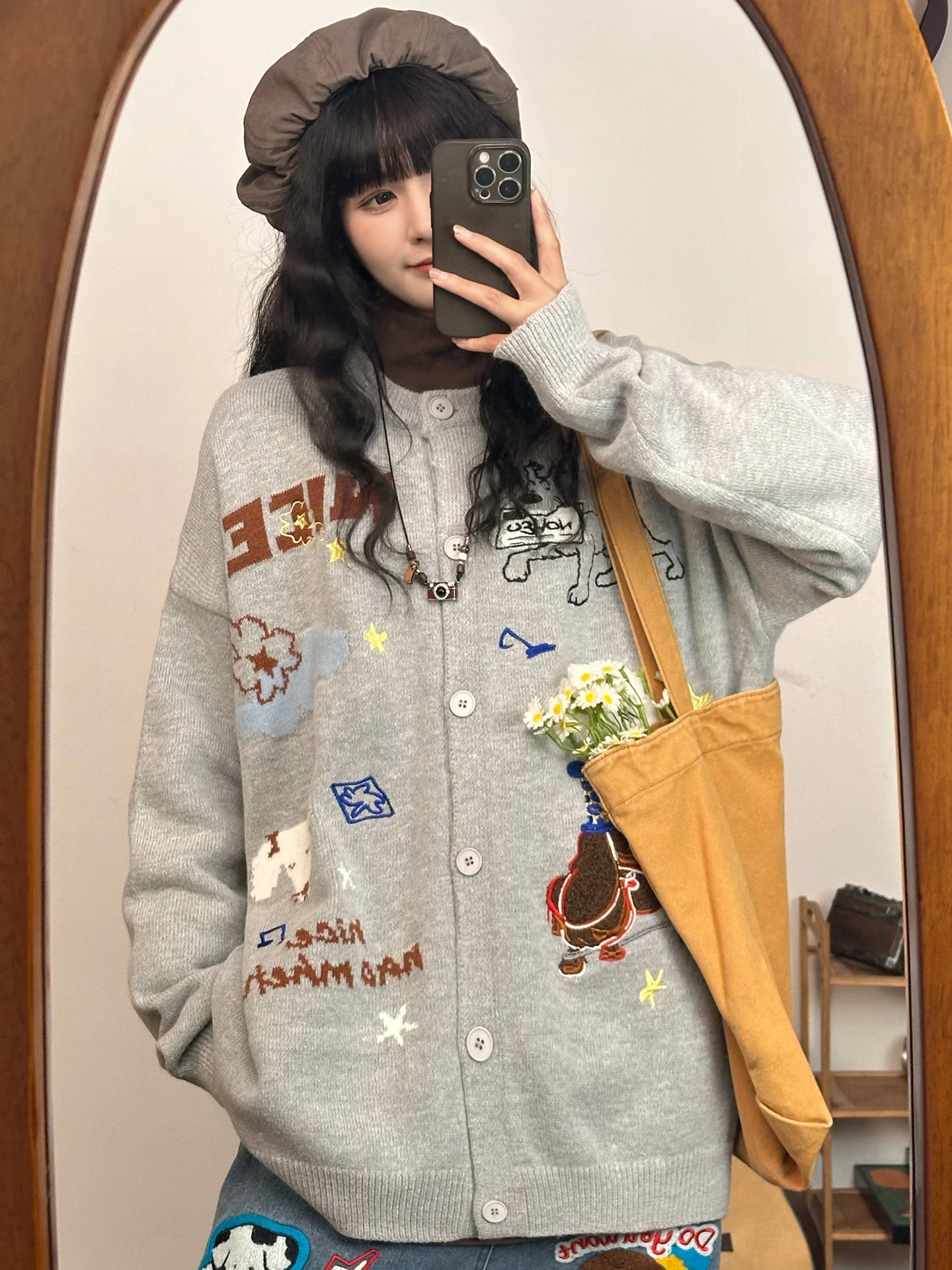 

Вязаный кардиган с вышивкой в мультяшном стиле, женский, осенний, новый, универсальный, в стиле lazy, верхняя одежда