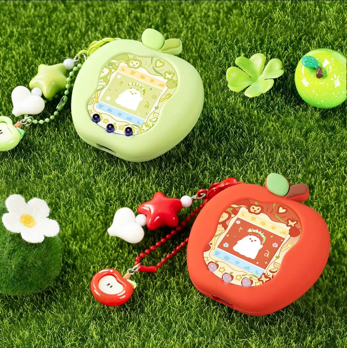 

Tamagotchi Uni Electronic Pet Red Green Apple Силиконовый чехол с лицевой панелью и бумагой и подвеской