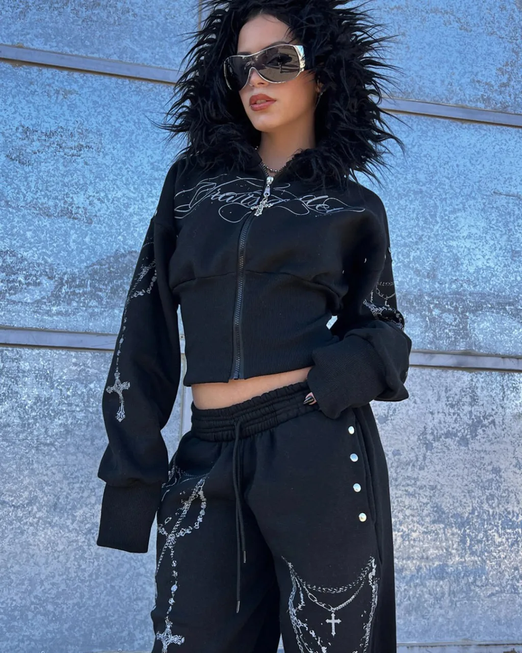 

American Retro Rock Gothic Graphic Fur Collar Slim Zip Up Hoodie Sweatshirt Women Y2k Harajuku Punk Hoodie and Pants Streetwear