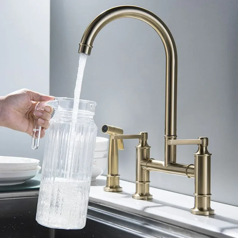 Brushed Gold/Black Bridge Kitchen Sink Faucets Hot And Cold Mixer Tap Double Outlet Use Faucet Set Tapware