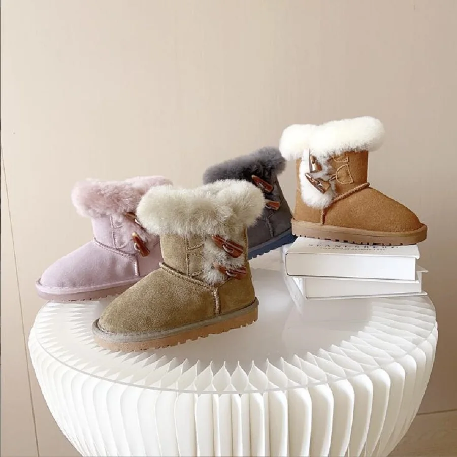 Winter Children's Snowy Boots Women's Genuine Leather Cow Horn Buckle Middle Sleeve Suede Opening Warm Snowy Cotton Boots 21-35