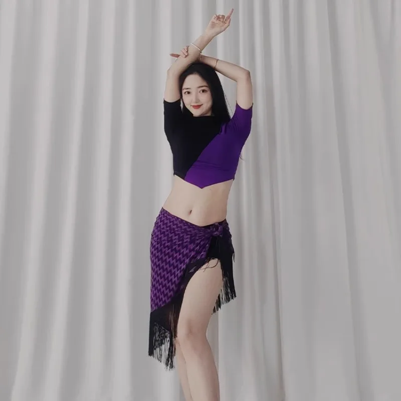 Customized Belly Dance Costumes Practice Outfit Black Purple Color Blocked Top Practicing Modal Wavy Triangle Tassel Hip Scarf