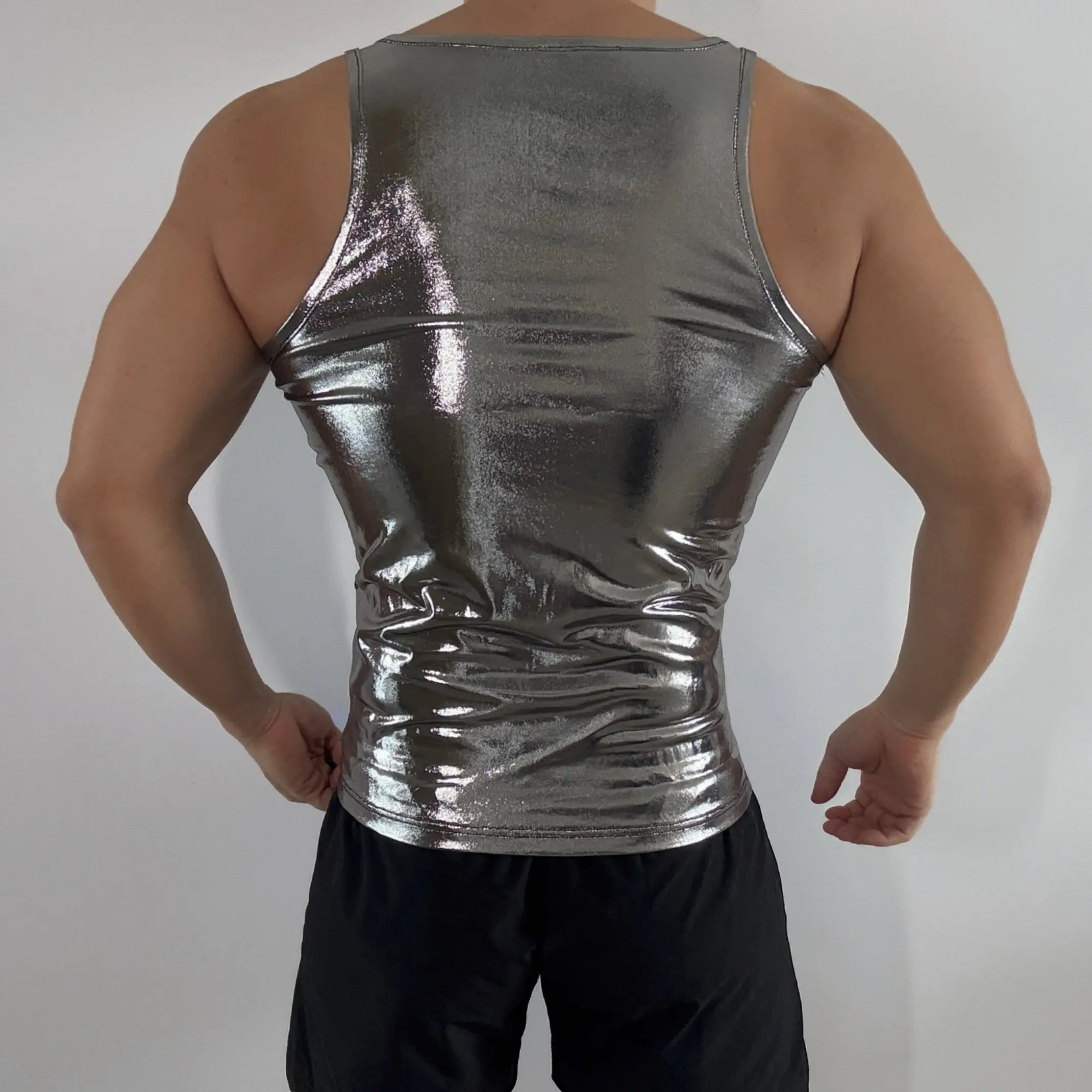 Estilo técnico prata pólo dança topo muscular homem gogo dançarino traje masculino jazz dança colete bar boate ds dj rave outfit xs9658