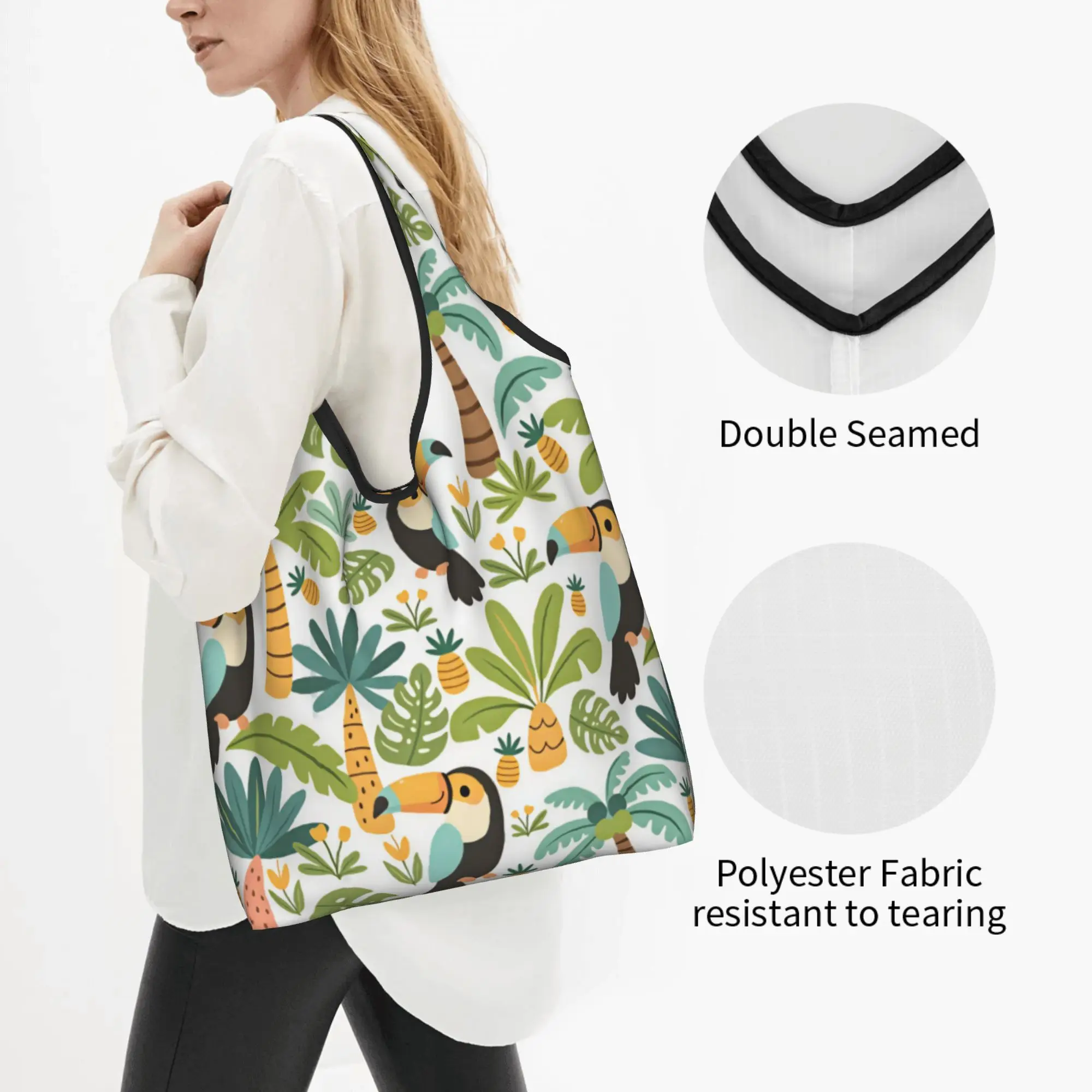 Funny Print Tucan Bird Hawaiian Style Palm Monstera Tote Shopping Bags Portable Shoulder Shopper Tropical Plants Handbag