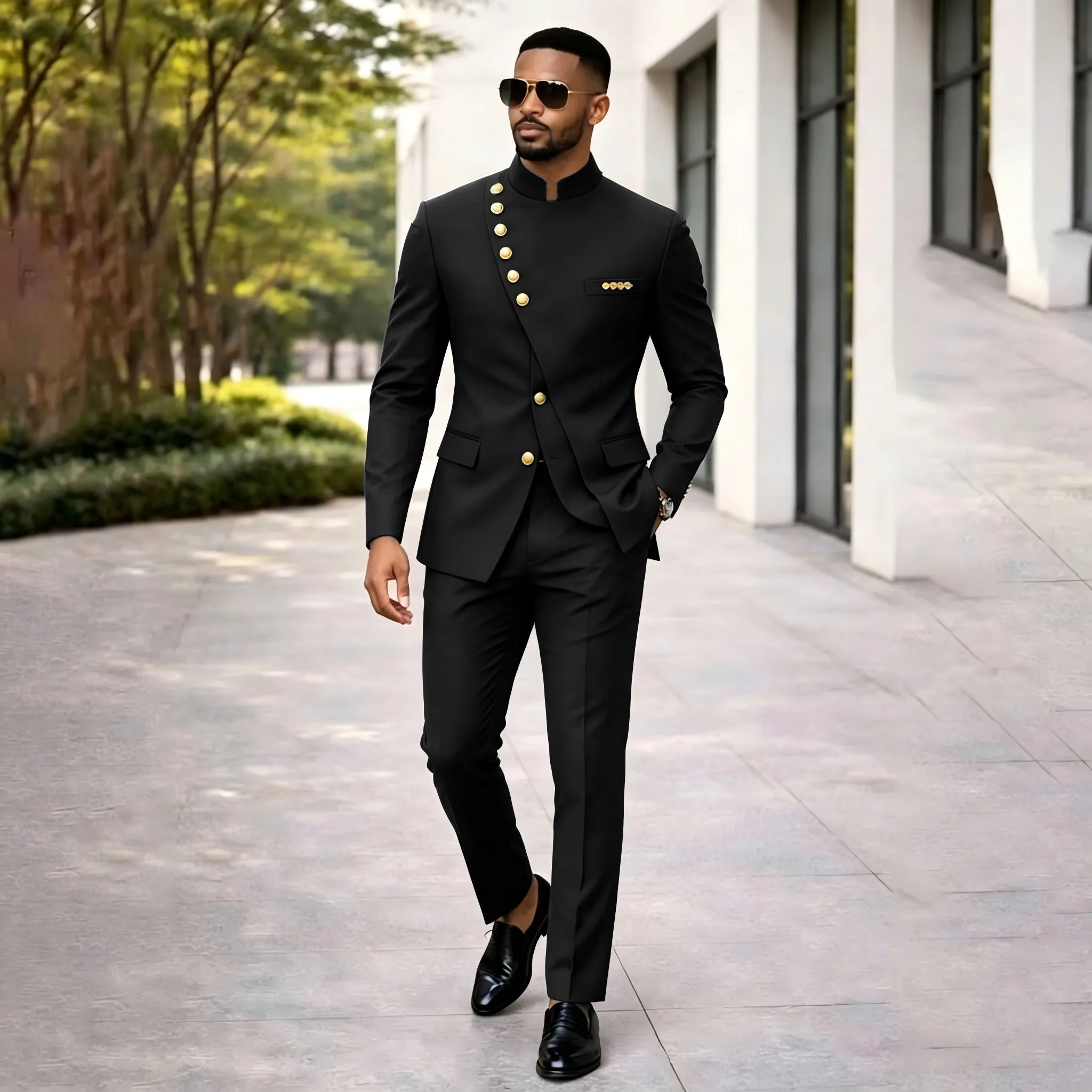Navy Blue Men Suits Blazers Sets Slim Fit Tuxedo Groom Suit Stand Collar Wedding Party Prom Formal Groomsmen 2 Piece Jacket Pant