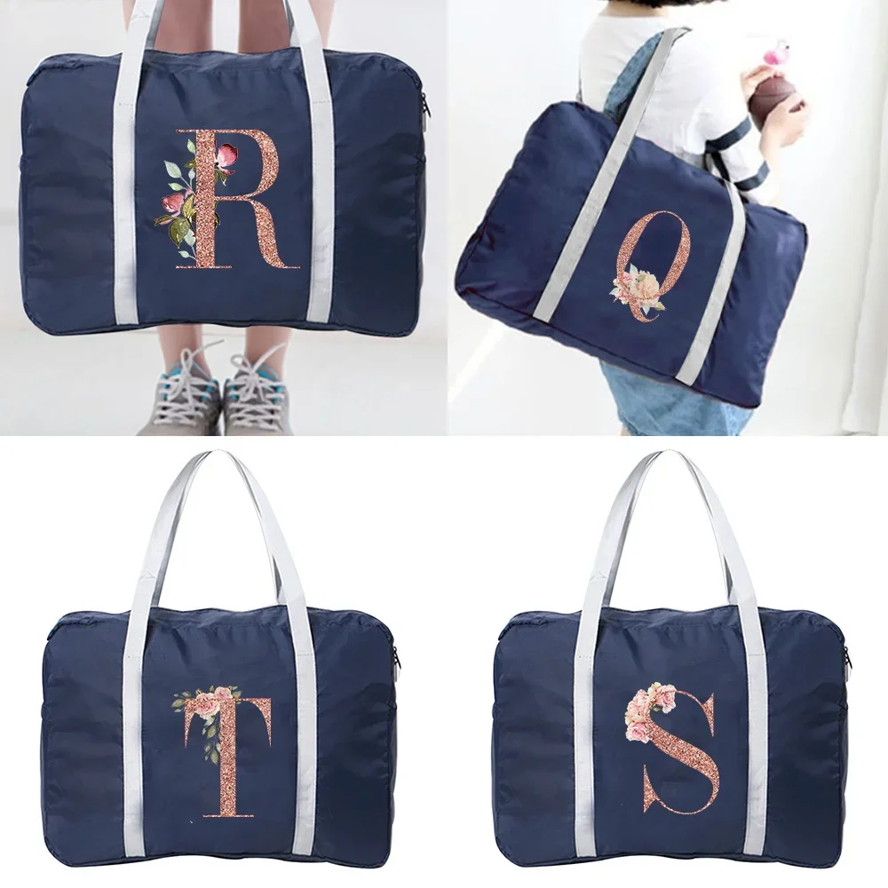 Bolsa de viaje plegable Unisex, conjunto de almacenamiento de ropa, organizador ordenado, bolsa de viaje de negocios, Kit de viaje, Serie de letras de oro rosa