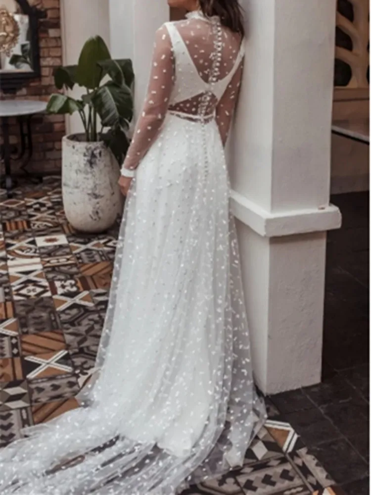 Alta pescoço vestido de casamento 2023 mangas completas rendas apliques longo varredura trem ilusão vestidos de noiva feito sob encomenda elegante verão sexy