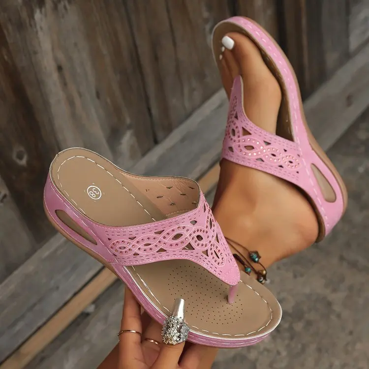 Frauen Keil Plattform Flip-Flops Damen Slide Slip auf Tanga Sandalen Sommer Strand Hausschuhe Atmungsaktive Weiche Unterseite Walking Hausschuhe – Detail 12