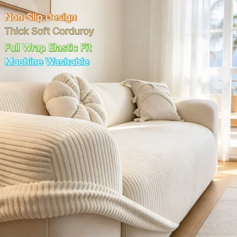 Thick Soft Corduroy Sofa Cover 1-2-3-4-5 Seater Elastic Non‑Slip Full Wrap Couch Protector Universal Fit Slipcover