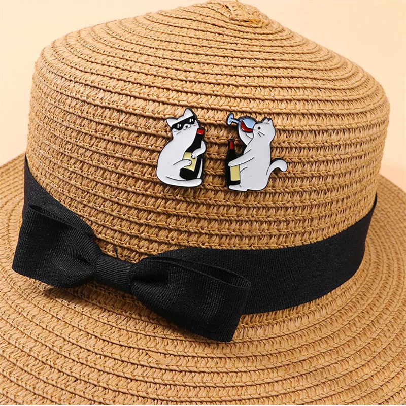 4PCS/Set Cartoon Red Wine Cat Enamel Badges Book Sunglass Cute Whiskey White Cat Metal Pins For Backpack Hat Punk Lapel Brooch